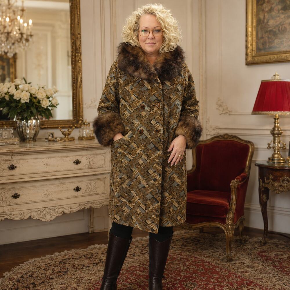 60s Kalin's Holly Classic Tapestry Coat Fur Trim Double Breasted - XXL